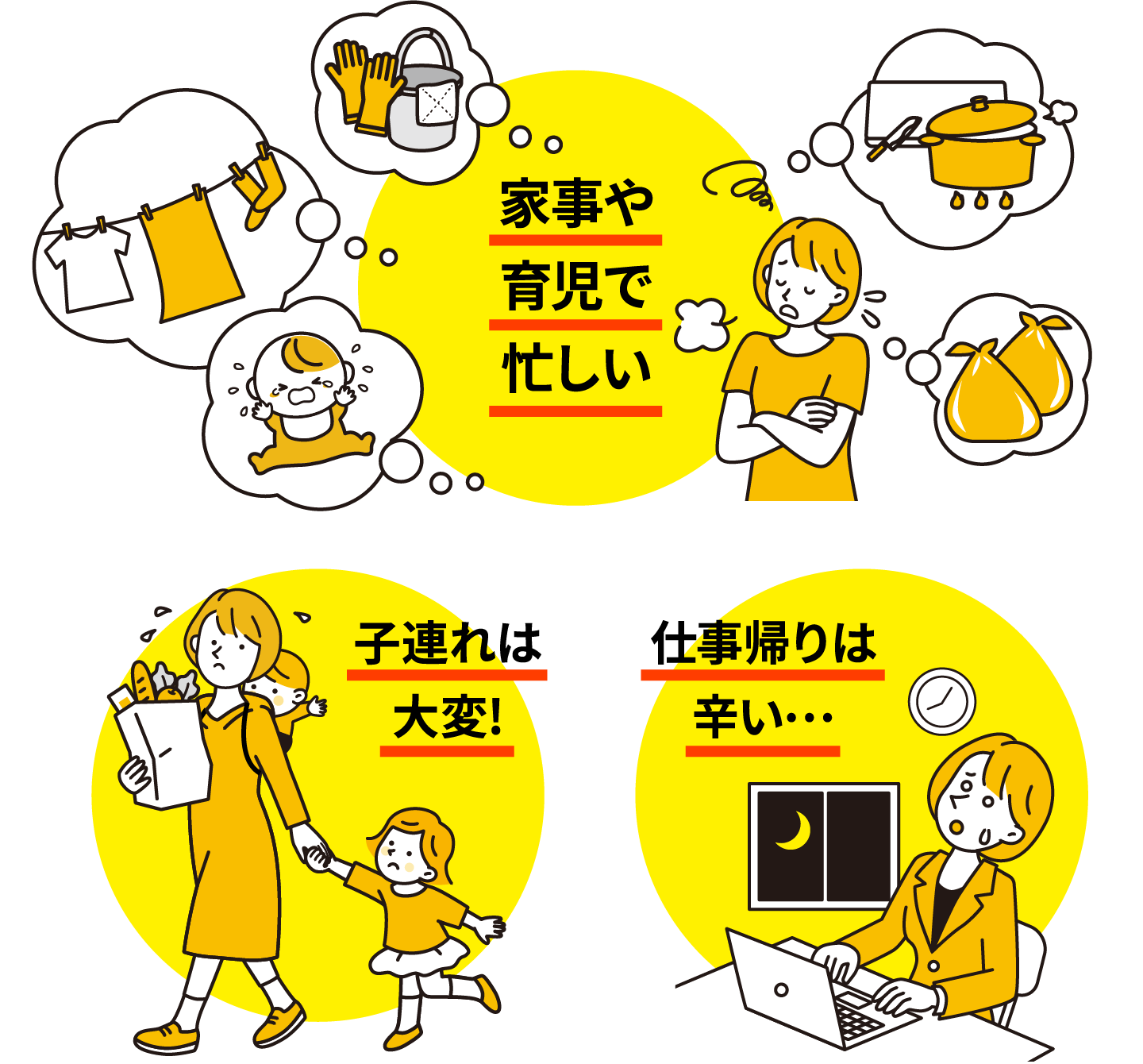 家事や育児で忙しい／子連れは大変!／仕事帰りは辛い…